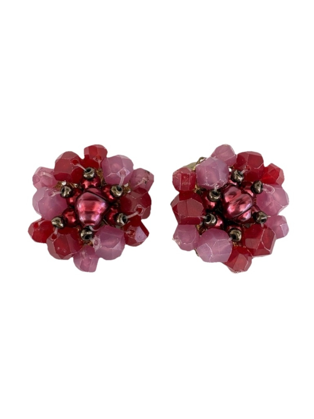 Pink & Red Beaded Floral Clip-On Earrings signed Germany